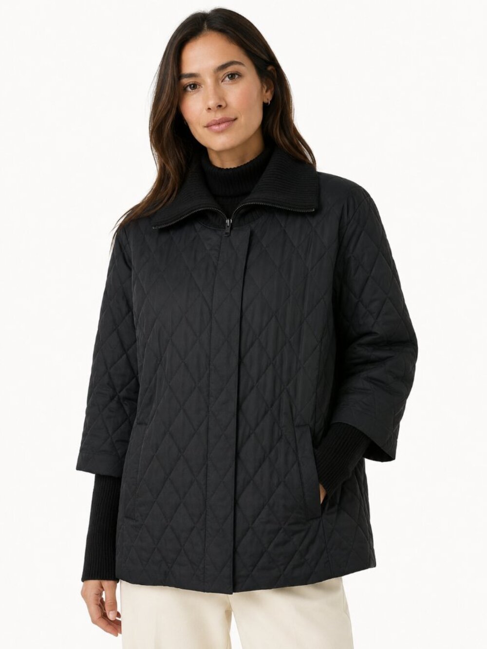 Eileen Fisher System Black Quilted Jacket With Wool Ribbed Collar & Cuffs Size M